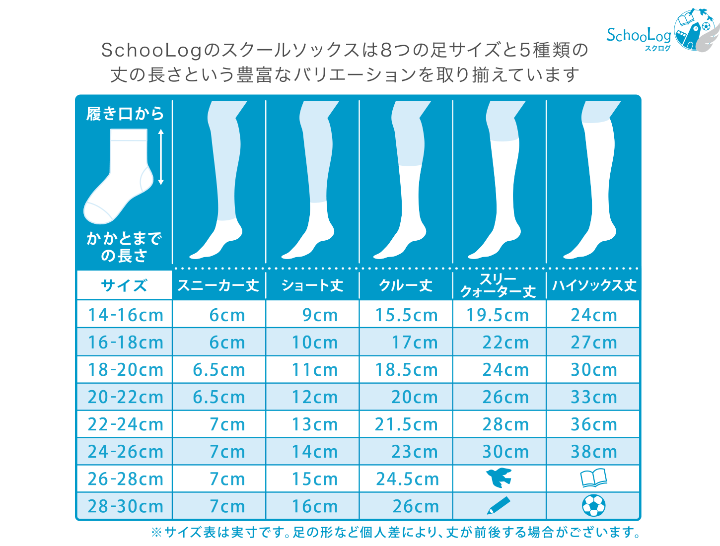 SchooLogのスクールソックスは8つの足サイズと5種類の 丈の長さという豊富なバリエーションを取り揃えています